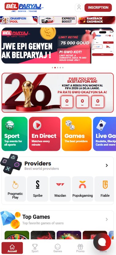 Aplikasyon Belparyaj — paj prensipal ak espò, kazino an dirèk ak jeu rapid