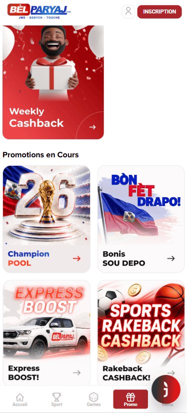 Pwomosyon Belparyaj — Champion Pool, bonis sou depo ak cashback an Ayiti